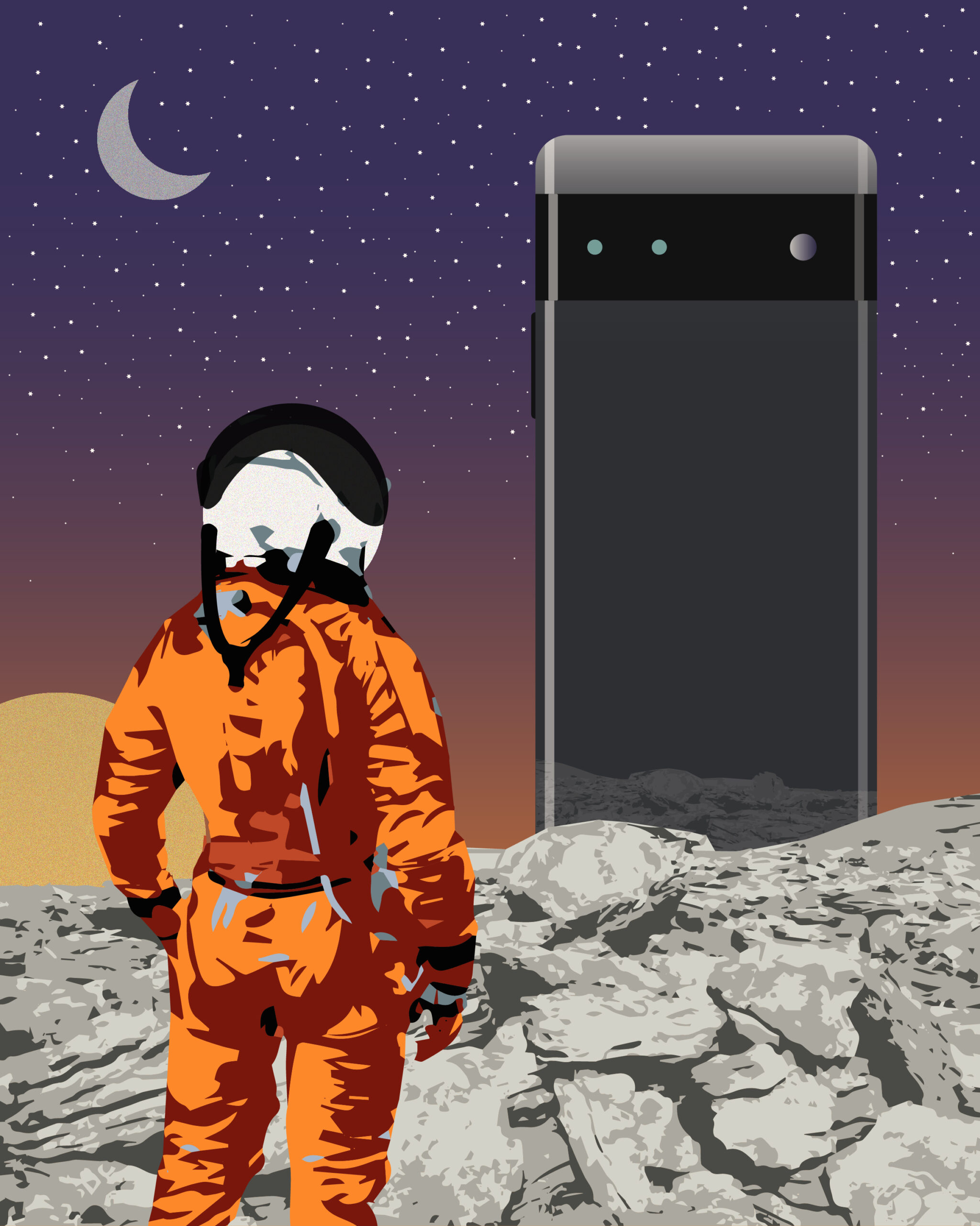 Monolith - Is a reference to Stanley Kubrick's 2001 a Space Odyssey. The phone standing as an unmoving, towering monolite to be stumbled upon and then worshiped. Signifying the beginnings of our journey to the technological singularity.